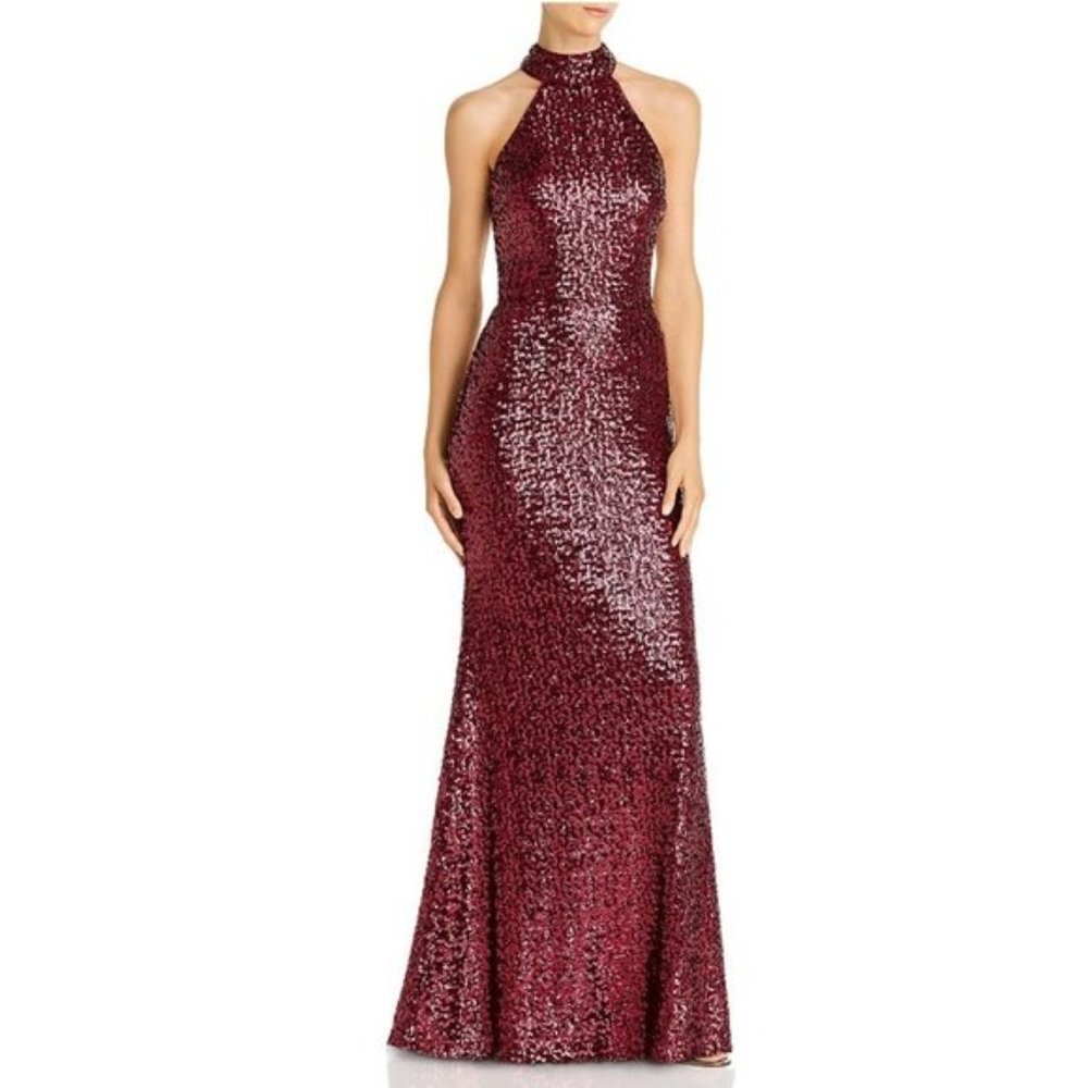 AQUA Sequin Mock Neck Gown